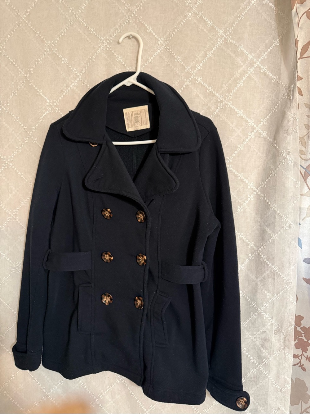 Ci Sono Navy Double-Breasted Pea Coat with Tortoise Buttons